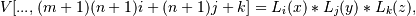 V[..., (m+1)(n+1)i + (n+1)j + k] = L_i(x)*L_j(y)*L_k(z),